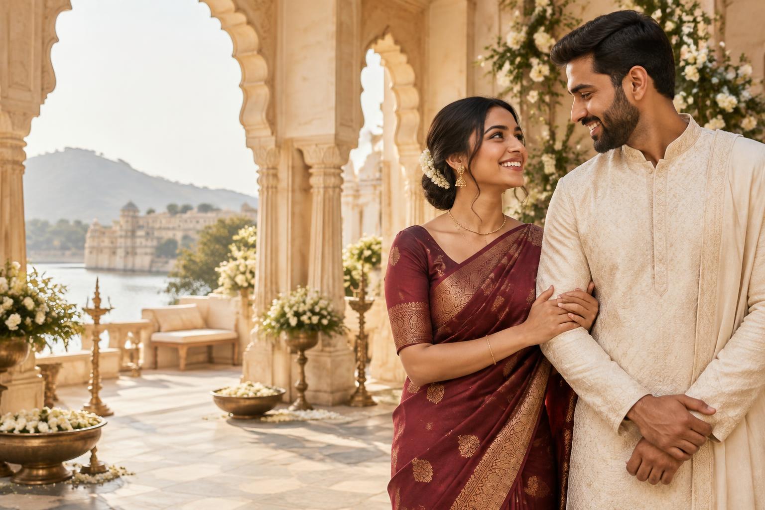 Indian couple smiling together in a heritage courtyard